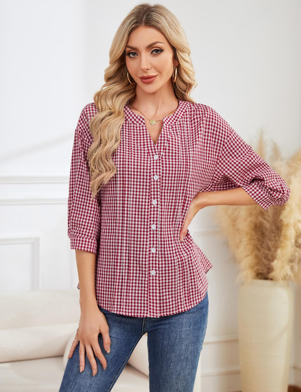 Half Open Collar Single Breasted Pleated Cropped Sleeve Blouse
