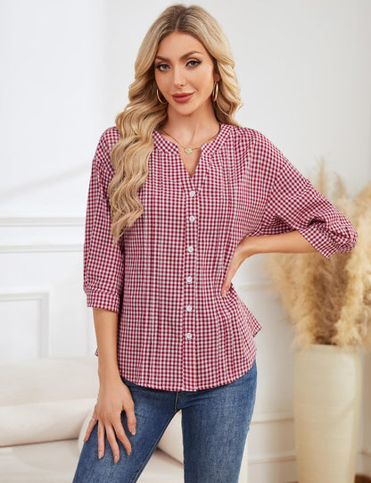 Half Open Collar Single Breasted Pleated Cropped Sleeve Blouse