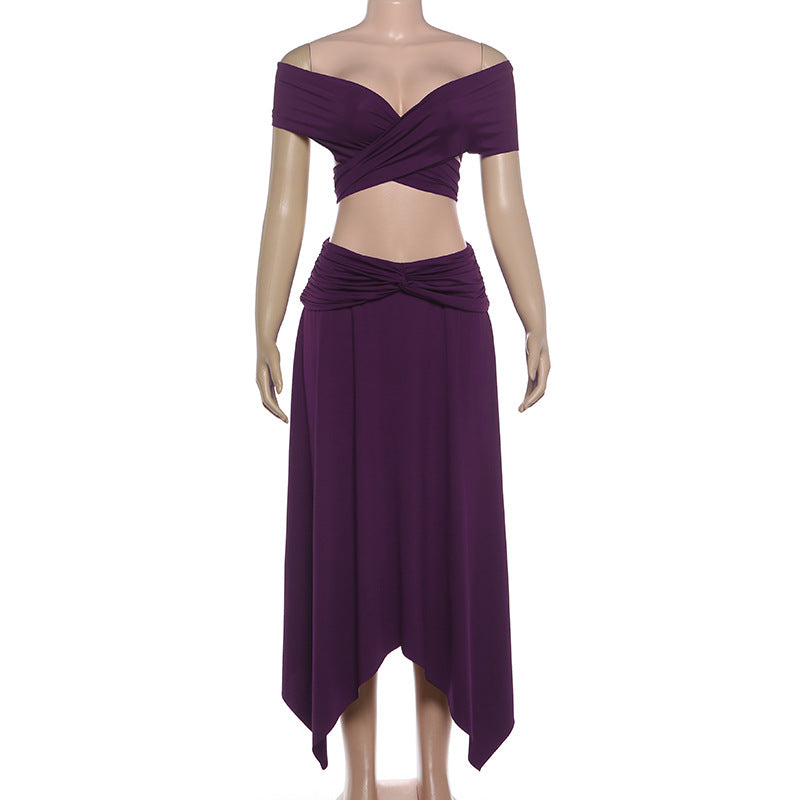Low Cut Solid Color Irregular Asymmetric Skirt Set MUNSIEUR New Arrivals