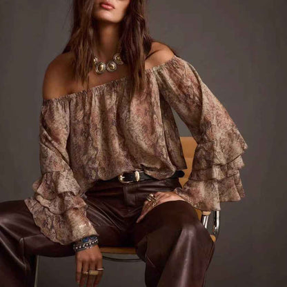 Women's Casual Printed off Shoulder Chiffon Blouse