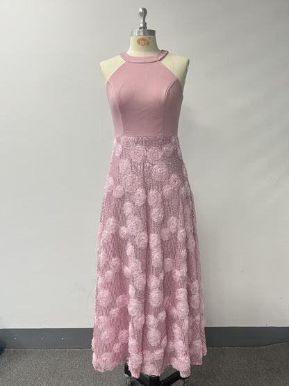 Spring Summer Print Heavy Industry Stitching Large Hem Fully Lined Evening Dress