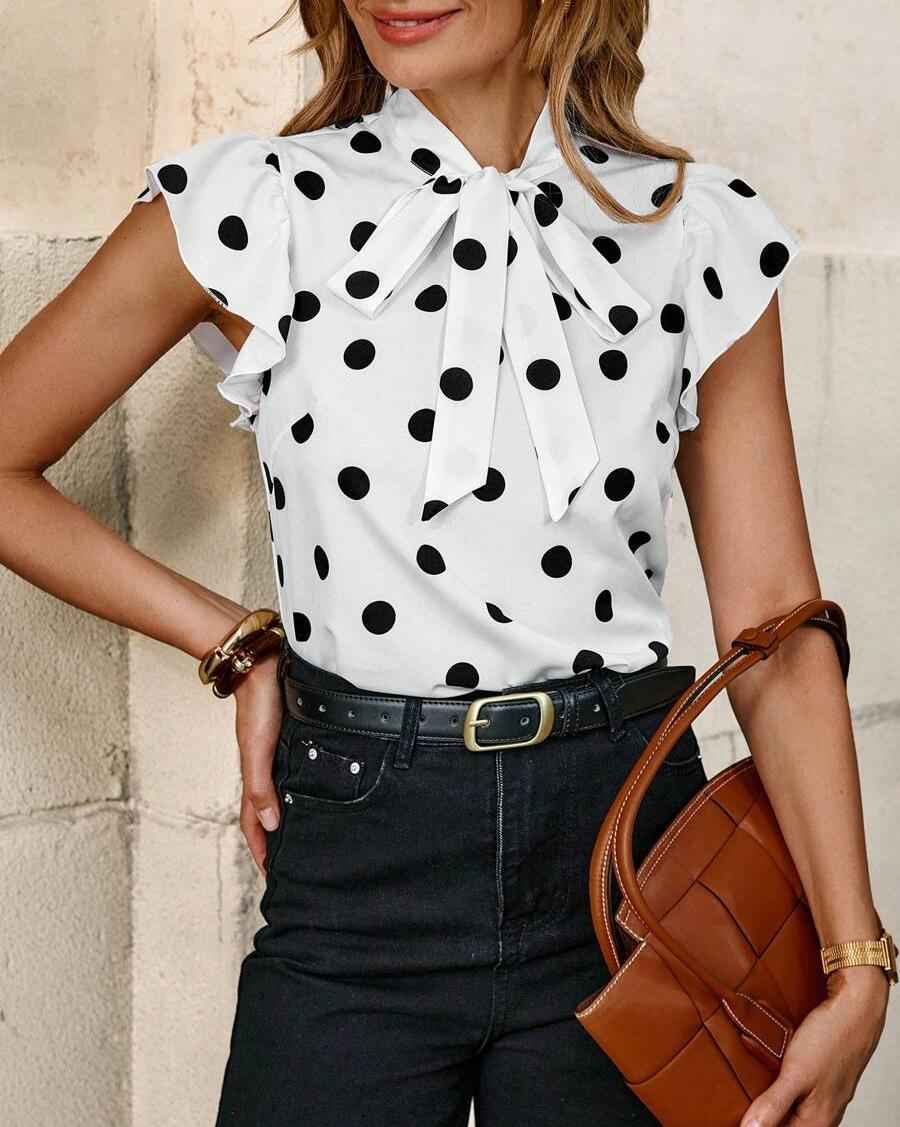 Polka Dot Halter Lace up Ruffle Sleeve Blouse