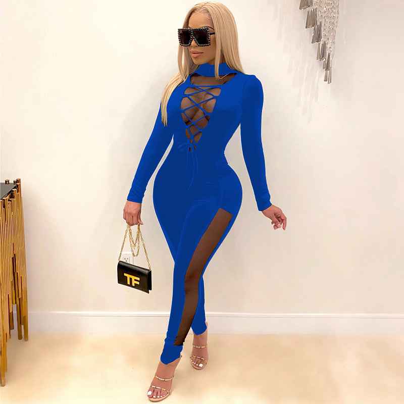Sexy Lace Up Stitching See Through Long Sleeve Jumpsuit