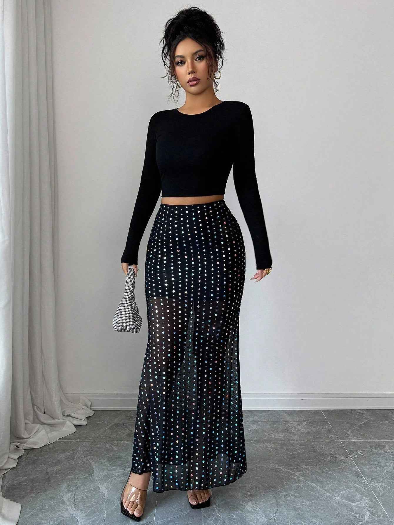 Sequined Double-Layer Mesh High Waist Figure Flattering Sheath Slimming Vacation Date Skirt