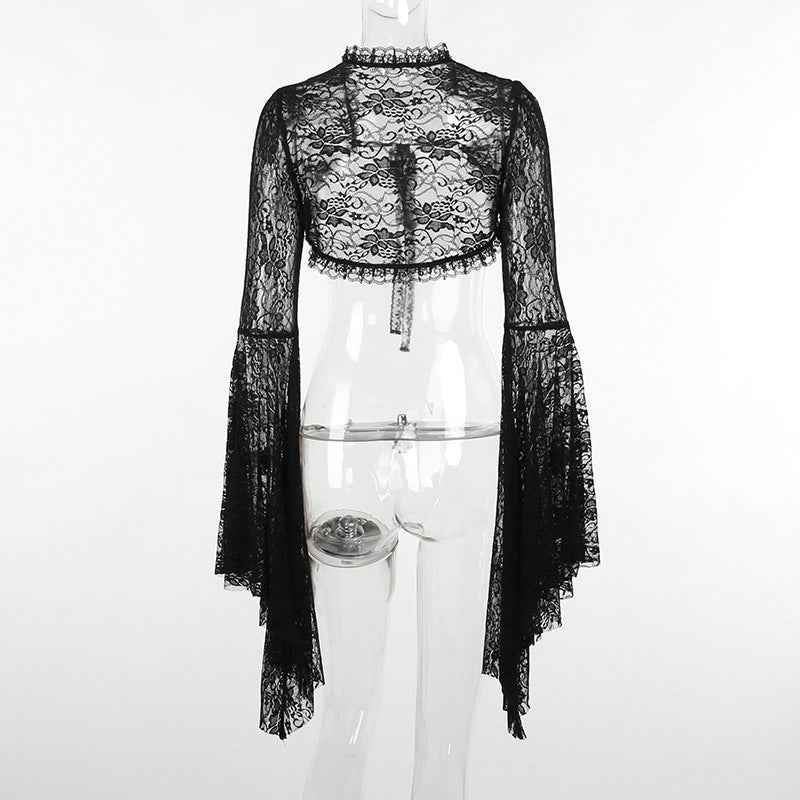 Gothic Classic Lace Cover Ups Women Mesh Crop Top See Through Sexy Flare Sleeve Blouse Y2k Black Rave Outfit Festival
