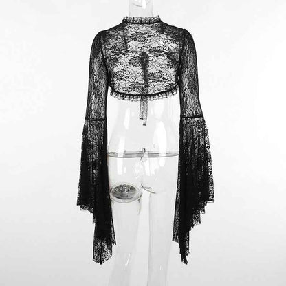 Gothic Classic Lace Cover Ups Women Mesh Crop Top See Through Sexy Flare Sleeve Blouse Y2k Black Rave Outfit Festival