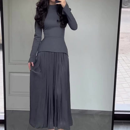 Women's New Color Contrast Patchwork Slim-fit Lace Up Long Sleeve Dress