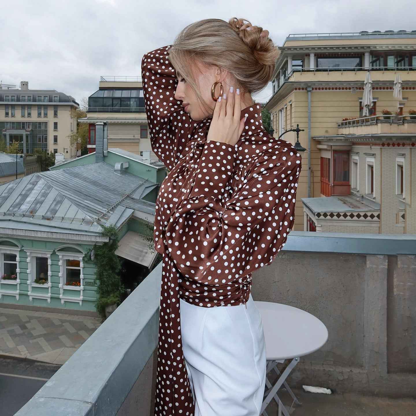 Elegance Polka Dot Cutout out Long Sleeve Blouse