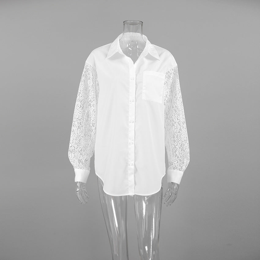 Lace Stitching Hollow Out Long Sleeve Collared Blouse