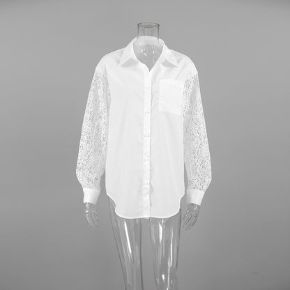 Lace Stitching Hollow Out Long Sleeve Collared Blouse