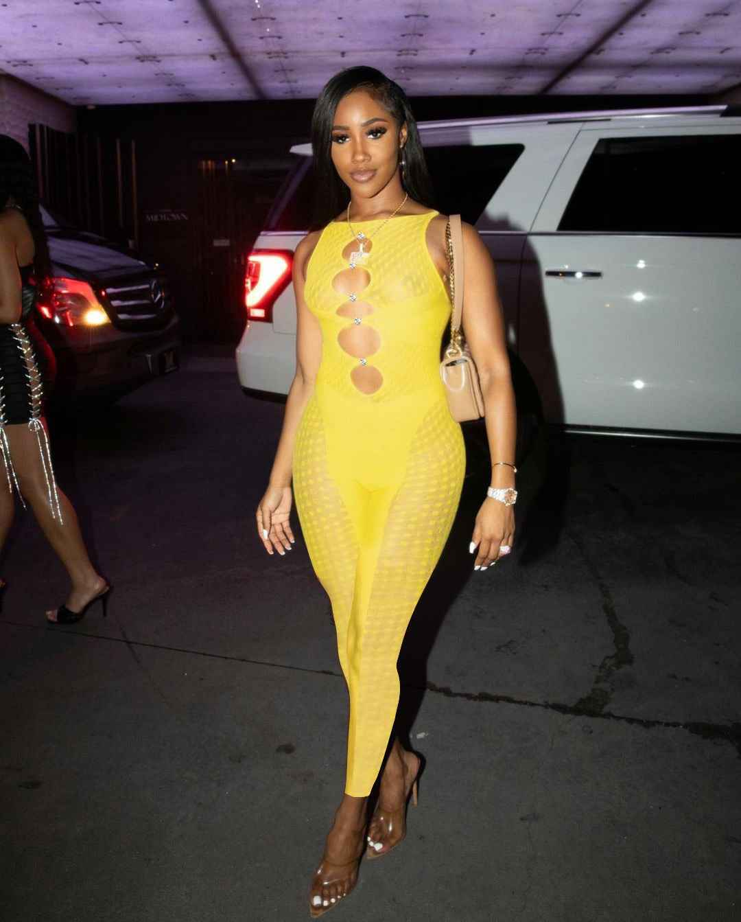Mesh Milk Stitching Jumpsuit