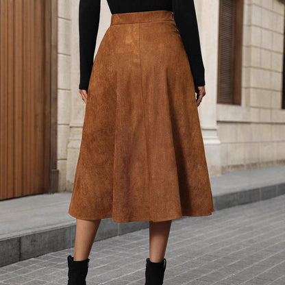 Suede Ruffled Brown Skirt High Waist Irregular Asymmetric Mid Length Sheath