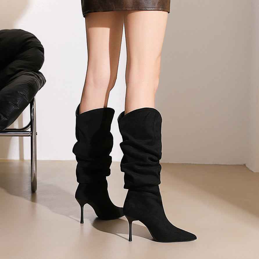 Stiletto Boots Women's Thin below the Knee Pointed Toe Pleated