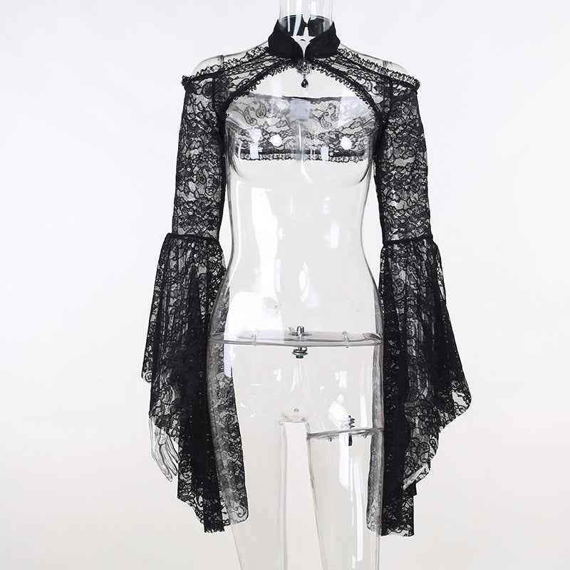 Gothic Classic Lace Cover Ups Women Mesh Crop Top See Through Sexy Flare Sleeve Blouse Y2k Black Rave Outfit Festival