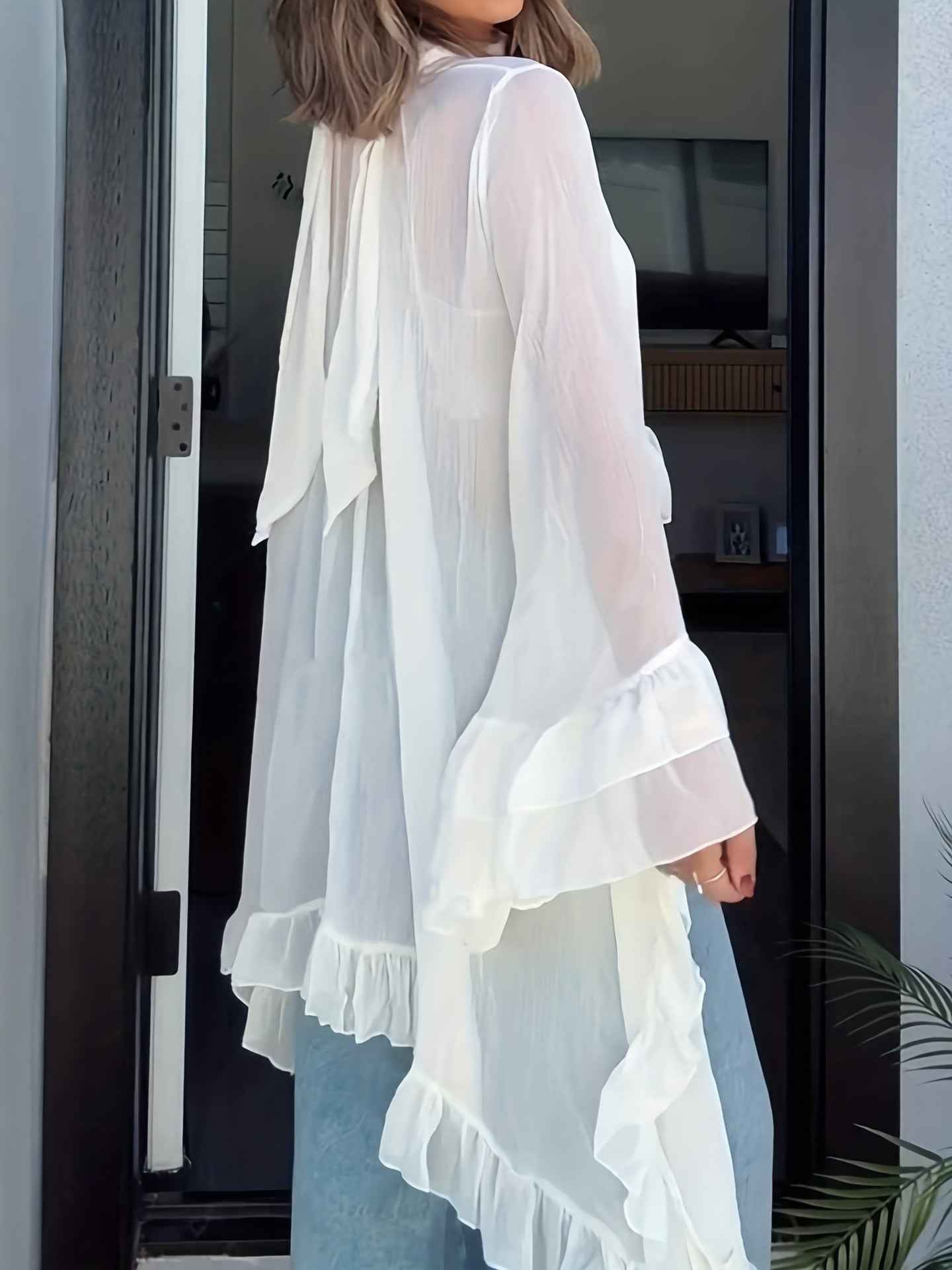 See through Ruffled Long Sleeve Blouse for Women