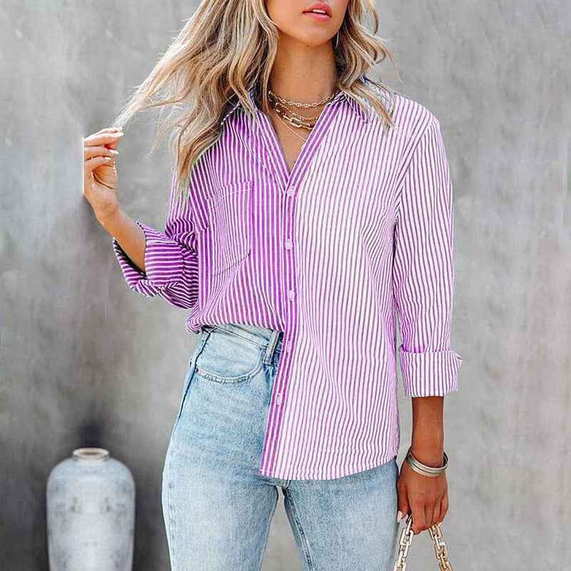 Striped Color Contrast Cardigan Blouse