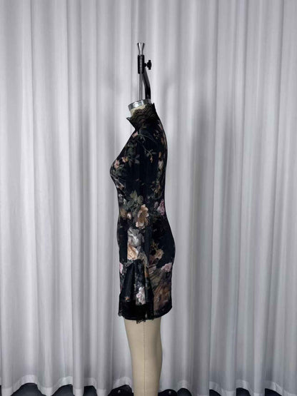 Retro Elegant Floral Print Lace Patchwork Flared Dress