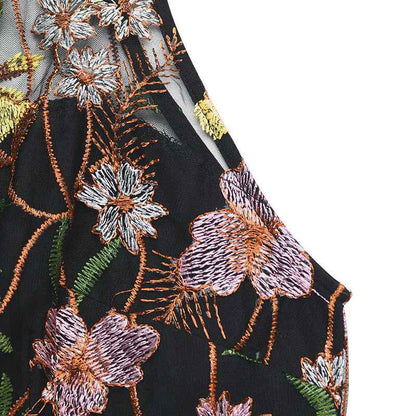 Summer Sleeveless See through Halter Lace Jumpsuit Embroidered Stitching Pleated