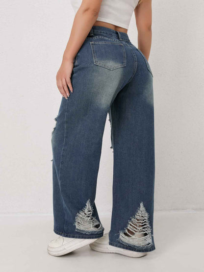 Distressed Worn Wide Leg Jeans