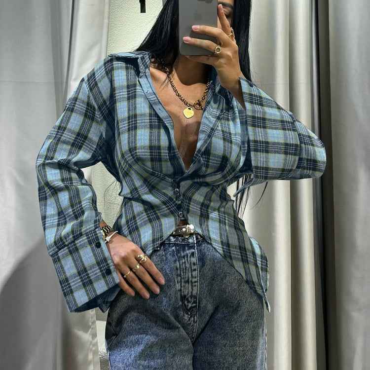 Retro Plaid Collared Long Sleeve Irregular Asymmetric Hem Cinched Blouse