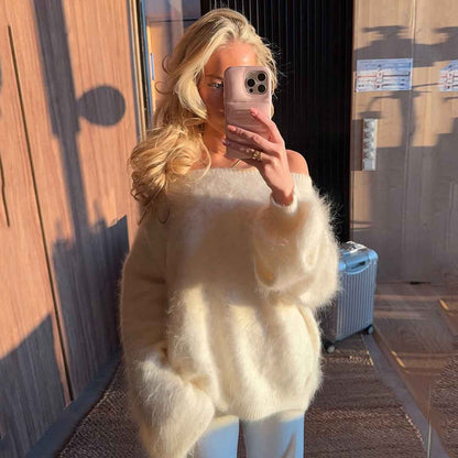 Mink Fur off Shoulder Solid Color Pullover Sweater
