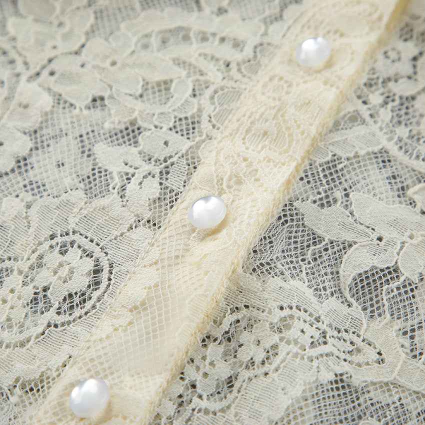 French Ribbon See through Cutout Blouse