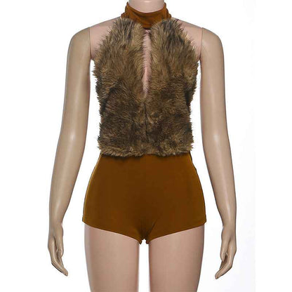 Sexy Fur Stitching Halter Cut out Backless Romper