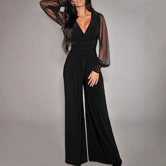 V neck Mesh Stitching Rivet Long Sleeve Loose Jumpsuit