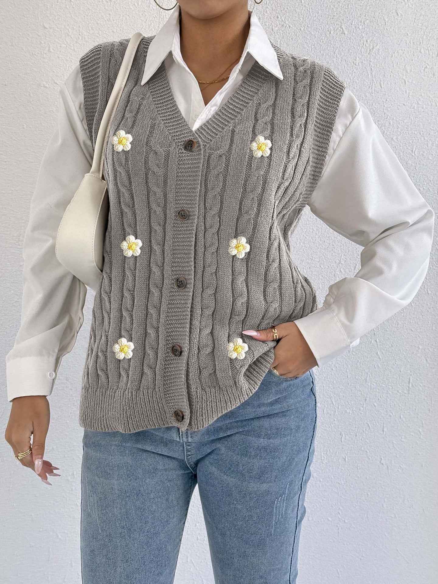 Sweater Vest Twist Woven Three Dimensional Floral Stitching (Small Only)