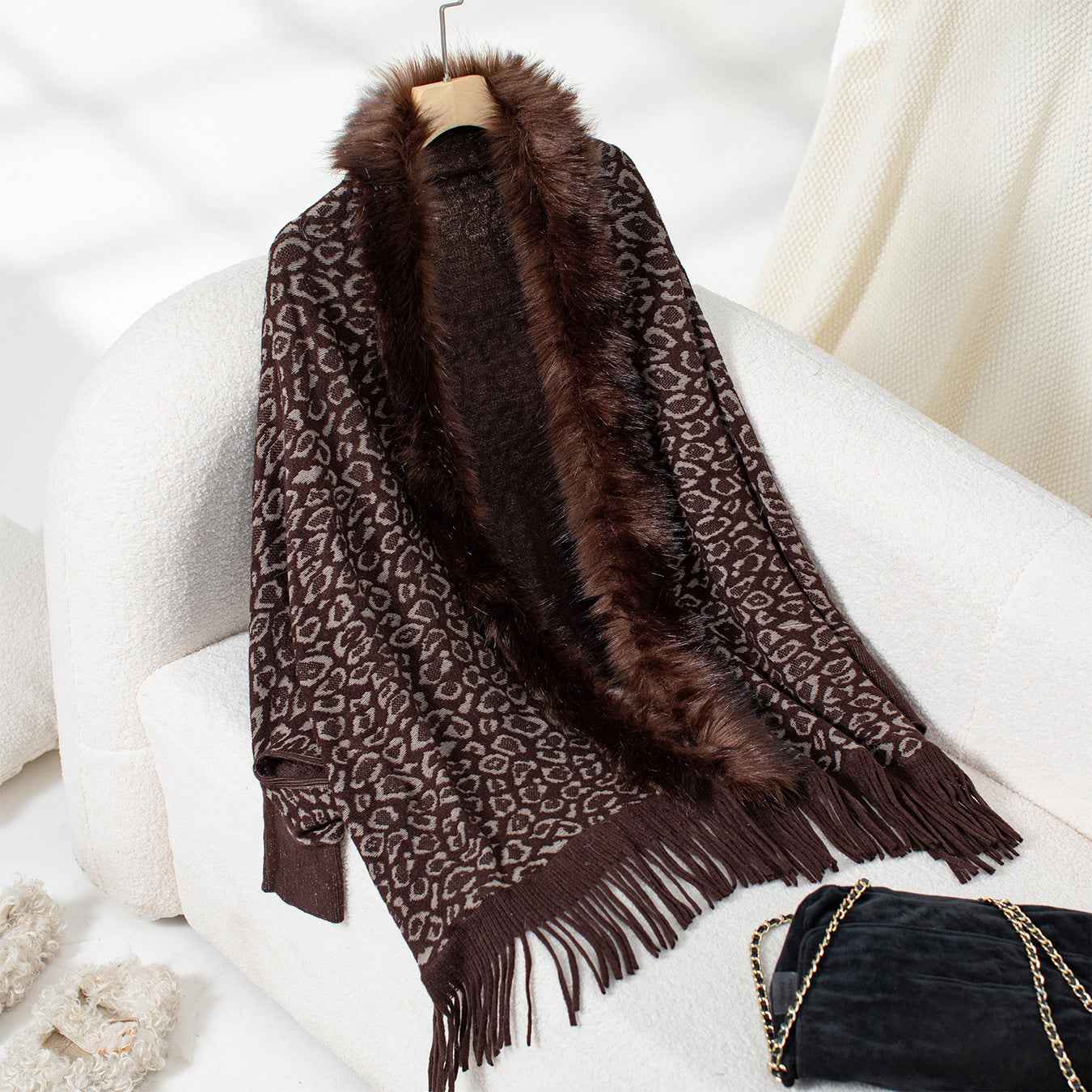 Leopard Print Fur Collar Loose Batwing Sleeve Sweater Cape Cardigan Women (one size fits all)