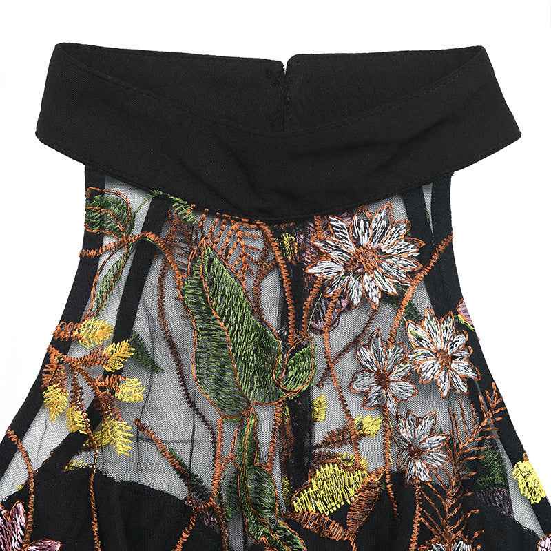 Summer Sleeveless See through Halter Lace Jumpsuit Embroidered Stitching Pleated