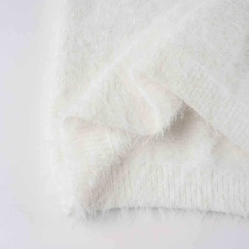 Mink Fur off Shoulder Solid Color Pullover Sweater