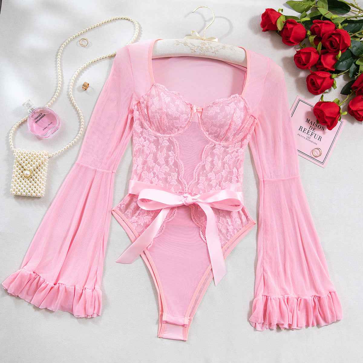 Lace Stitching Elastic Mesh Flared Bodysuit