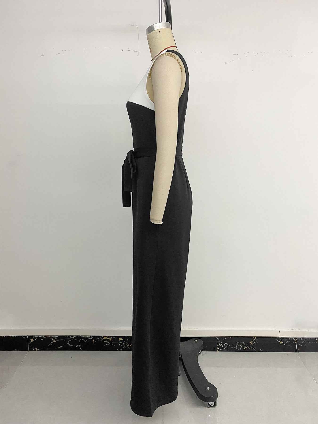 Elegant Black White Color Contrast Patchwork Sling Jumpsuit