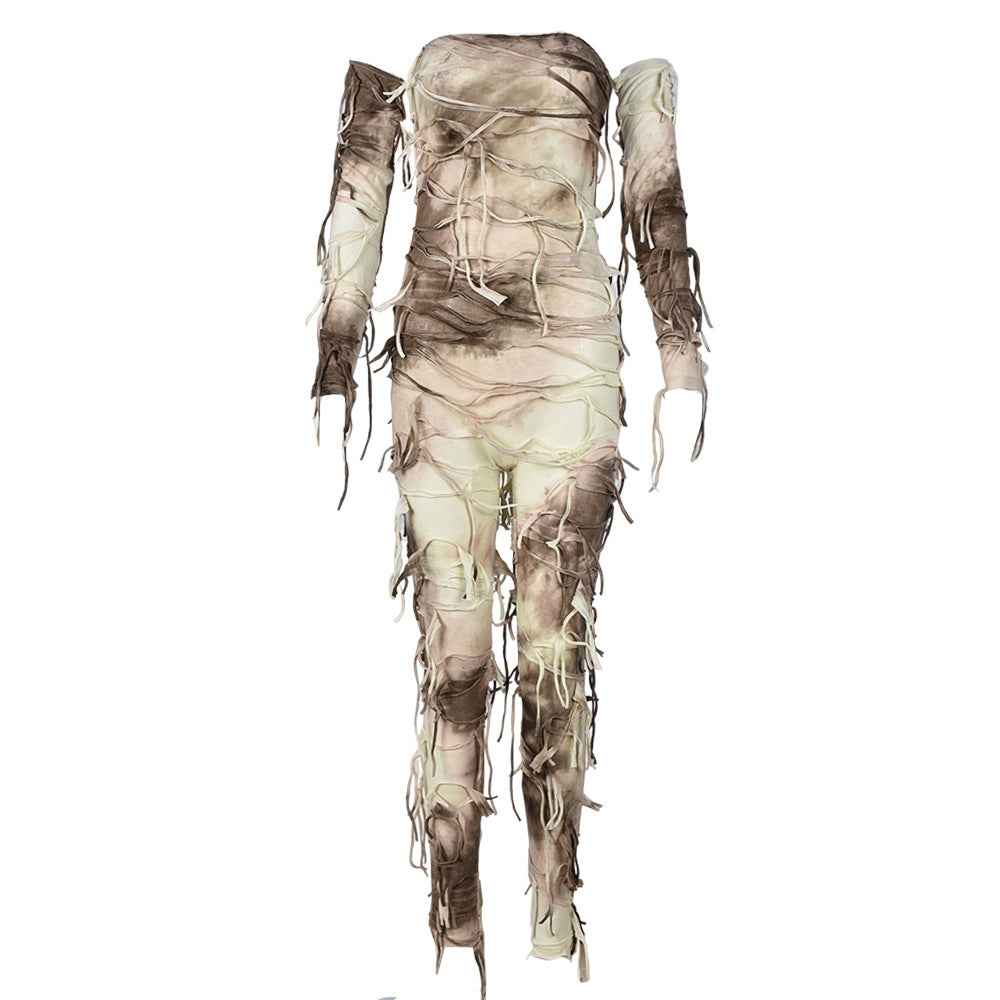 Autumn Tie Dyed Tassel Sexy Bandeau Backless Ice Sleeve Jumpsuit for Women