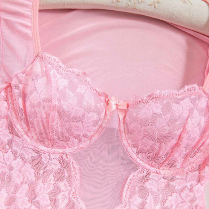 Lace Stitching Elastic Mesh Flared Bodysuit