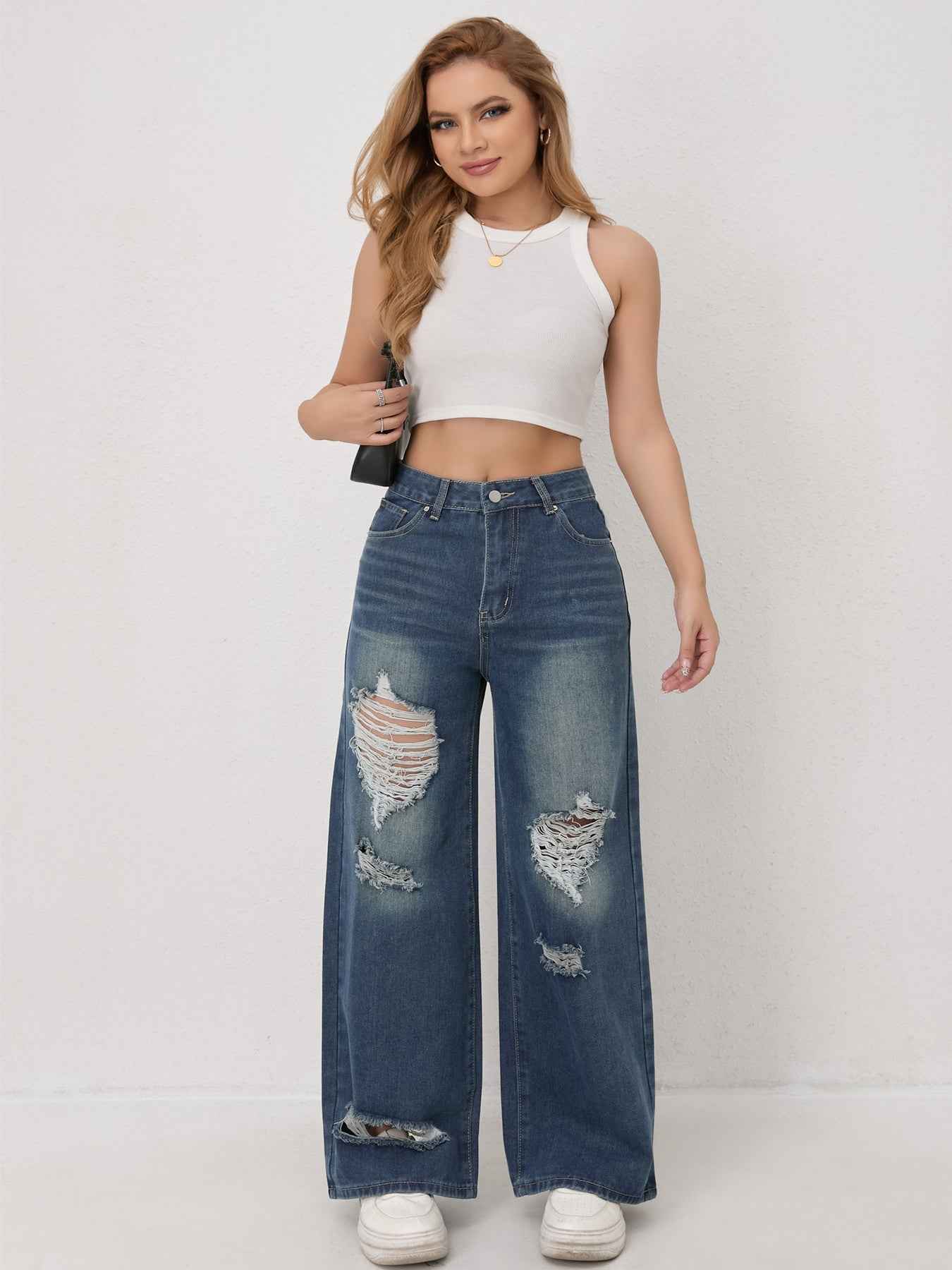Distressed Worn Wide Leg Jeans