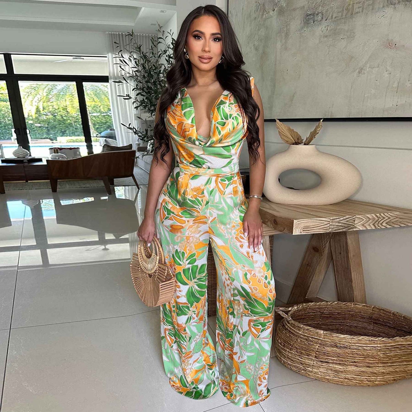 Sleeveless Lace up Wide Leg Printed Jumpsuit