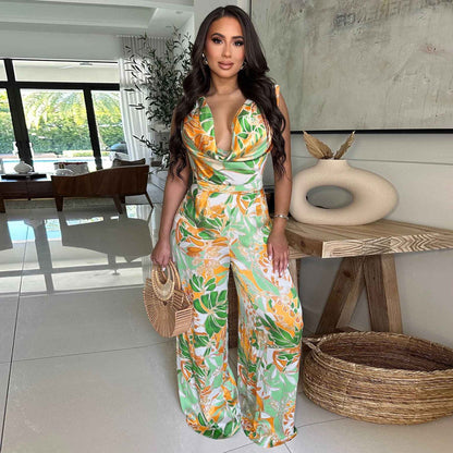 Sleeveless Lace up Wide Leg Printed Jumpsuit