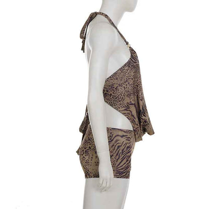 Leopard Print Lace up Halterneck Sexy Two Piece Bottoms Sets