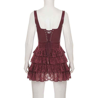 Lace Stitching Puffy Tiered Dress Summer Set