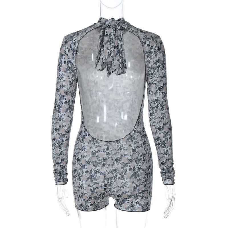 Pattern Print Sexy Backless Slim Fit Lace up Romper
