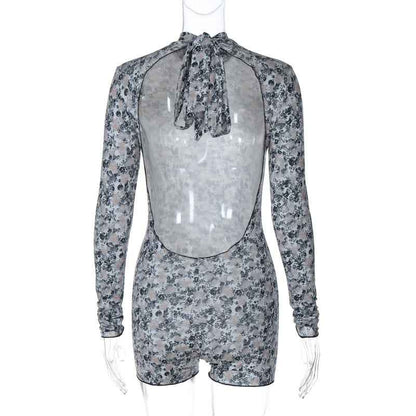 Pattern Print Sexy Backless Slim Fit Lace up Romper