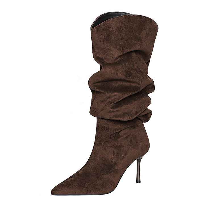 Stiletto Boots Women's Thin below the Knee Pointed Toe Pleated