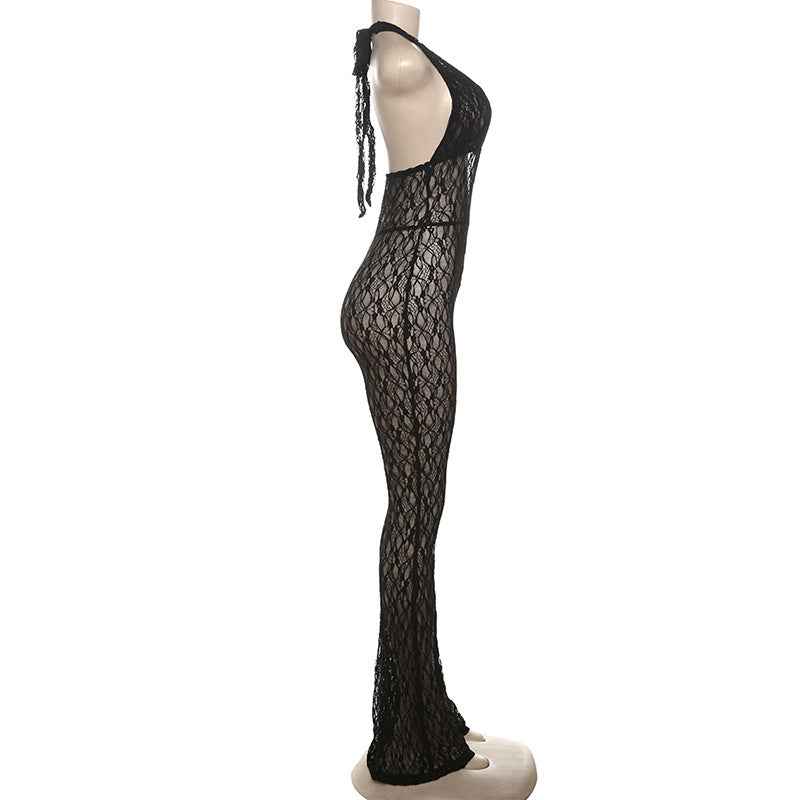 See Through Lace Up Backless Jumpsuit