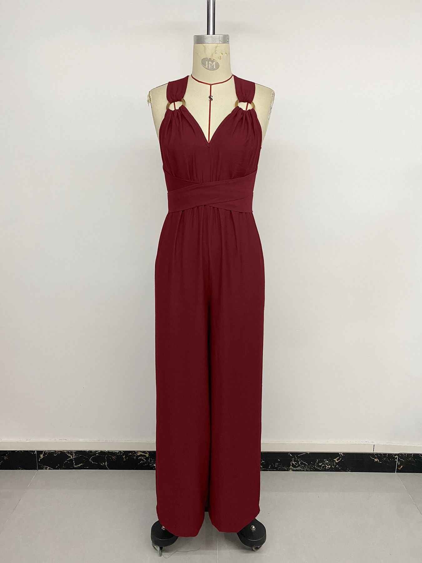 Women Clothing Elegant Cross Backless Lace up Sleeveless Long Wide Leg Jumpsuit