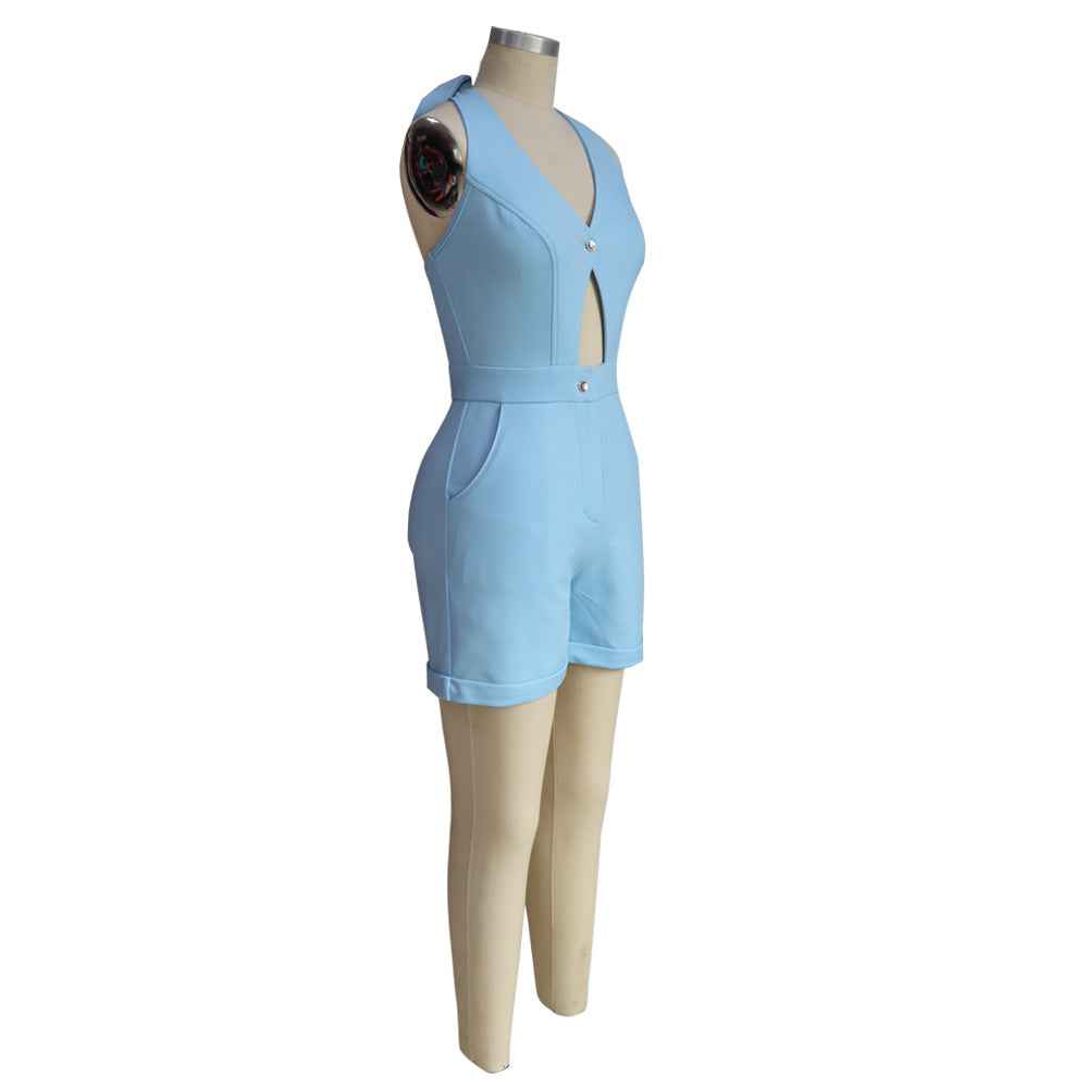 Solid Color High Waist Sexy Hollow Out Cutout Sleeveless Lace-up Romper