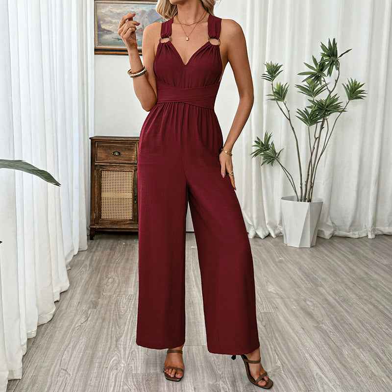 Women Clothing Elegant Cross Backless Lace up Sleeveless Long Wide Leg Jumpsuit