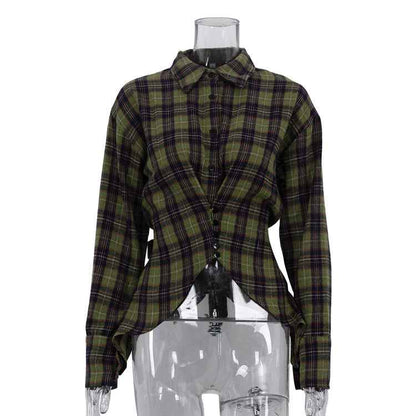 Retro Plaid Collared Long Sleeve Irregular Asymmetric Hem Cinched Blouse