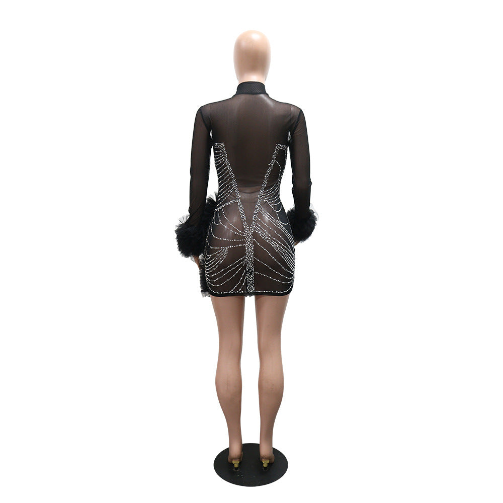 See through Rhinestone Sheath Long Sleeve Dress New Arrivals
